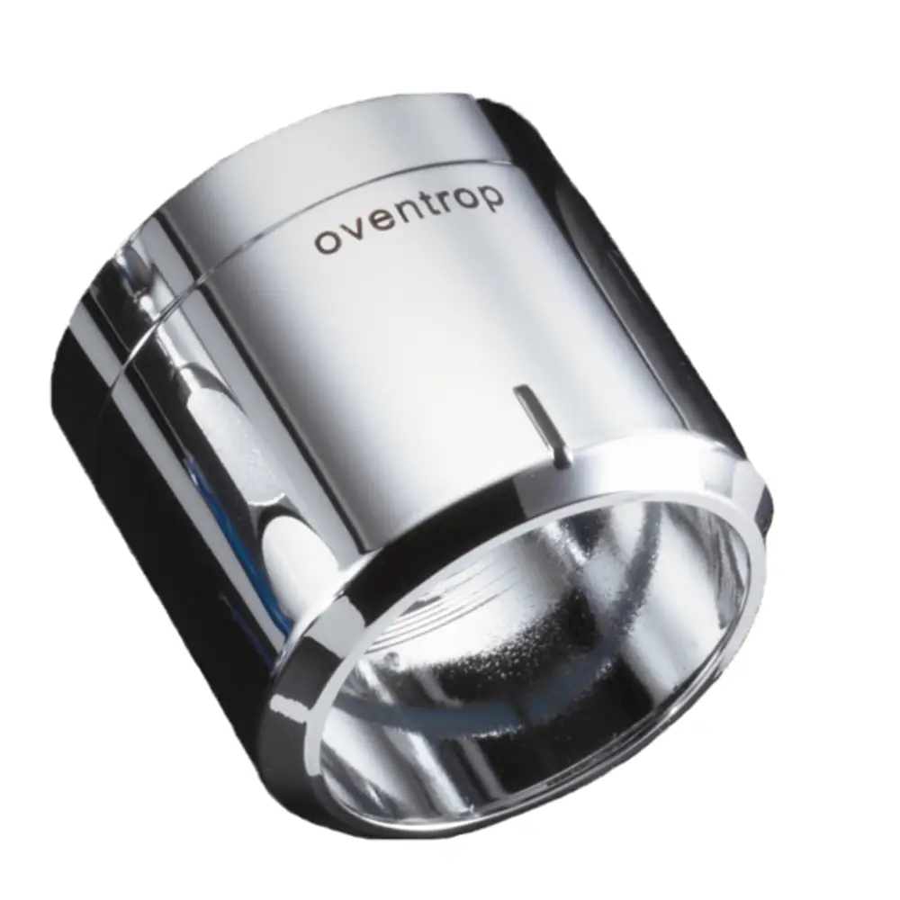 Designabdeckung von Oventrop in glänzendem Metall, zylindrische Form mit einer seitlichen Öffnung. Eignet sich für Thermostate in modernen Heizsystemen.